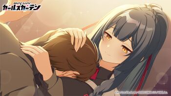 1boy 1girl 2025 between_breasts black_shirt blue_hair breasts brown_hair closed_mouth copyright_logo copyright_name copyright_notice hair_ribbon head_between_breasts high_ponytail ikoma_aoi_(muv-luv) logo long_hair muv-luv muv-luv_girls_garden official_art ponytail red_ribbon ribbon shirt short_hair soso_5050_soso upper_body yellow_eyes