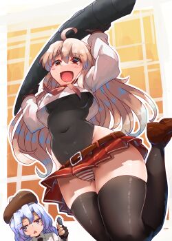 2girls ahoge artist_self-insert bakasp-lilzy belt belt_buckle black_gloves black_thighhighs blue_hair blush bodysuit breasts buckle crop_top fingerless_gloves from_below gloves groin hair_between_eyes hat highres jumping legs legs_up long_hair medium_breasts microskirt midriff miniskirt multiple_girls navel open_mouth original panties pen pleated_skirt purple_eyes raised_eyebrows red_skirt revealing_clothes school_uniform serafuku shoes skindentation skirt smile stomach striped_clothes striped_panties stylus tagme thick_thighs thighhighs thighs triangle_mouth underboob underwear upskirt