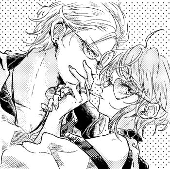 Rule 34 | 2boys, ahoge, alternate costume, amemura ramuda, androgynous, aohitsugi samatoki, barbell piercing, belt collar, ben-day dots, buckle, captive bead ring, cigarette kiss, collar, collarbone, commentary request, ear piercing, earrings, face-to-face, fingernails, from side, glasses, greyscale, hair slicked back, hand grab, hand on another's shoulder, hand up, hatching (texture), heart, heart-shaped buckle, heart-shaped eyewear, heart earrings, hypnosis mic, industrial piercing, jacket, jewelry, linear hatching, looking at viewer, loose hair strand, male focus, monochrome, mouth hold, multiple boys, multiple piercings, multiple rings, necklace, off-shoulder shirt, off shoulder, piercing, pinky ring, portrait, q ninc, raised eyebrows, ring, screentones, shirt, short hair, smoking, stud earrings, swept bangs, v-shaped eyebrows, white background, yaoi