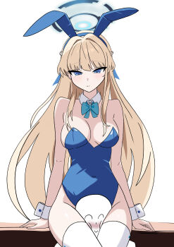 Rule 34 | 1boy, 1girl, absurdres, animal ear hairband, animal ears, blonde hair, blue archive, blue eyes, blue halo, blue leotard, bow, bowtie, breasts, cleavage, detached collar, doodle sensei (blue archive), fake animal ears, hairband, halo, head between thighs, hetero, highleg, highleg leotard, highres, leotard, long hair, medium breasts, midang, rabbit ear hairband, rabbit ears, sensei (blue archive), simple background, sitting, toki (blue archive), toki (bunny) (blue archive), very long hair, white background, wrist cuffs