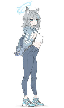 1girl alternate_costume backpack bag black_pants blue_archive blue_halo blue_shoes bright_pupils commentary commentary_request cross_hair_ornament english_commentary full_body grey_bag grey_hair hair_ornament halo highres looking_at_viewer midriff mismatched_pupils pants shiroko_(blue_archive) shoes short_hair simple_background sneakers solo t1kosewad white_background white_pupils