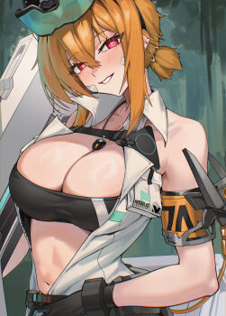 1girl abs absurdres armband bandaid bandaid_on_cheek bandaid_on_face bare_shoulders black_sports_bra blonde_hair blush breasts chest_harness cleavage collarbone commentary cowboy_shot crossed_bangs dress ear_piercing eyewear_on_head gloves goddess_of_victory:_nikke gun hair_between_eyes harness highres holding holding_gun holding_weapon jewelry kimkichun large_breasts looking_at_viewer maxwell_(nikke) midriff multiple_piercings navel necklace official_alternate_costume parted_lips piercing ponytail red_eyes rifle short_hair short_hair_with_long_locks short_ponytail sidelocks sleeveless sleeveless_dress smile sniper_rifle solo sports_bra standing teeth unzipped weapon white_dress yellow_armband