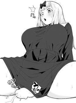 1boy 1girl absurdres aftersex blush bow breasts cum dress ejaculation fujiwara_chika girl_on_top greyscale grinding hair_bow highres huge_breasts kaguya-sama_wa_kokurasetai_~tensai-tachi_no_renai_zunousen~ long_hair long_sleeves monochrome open_mouth penis re:ankh school_uniform shuuchiin_academy_school_uniform simple_background solo_focus summer_uniform sweat thighs