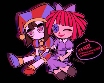 2girls asymmetrical_footwear blue_eyes blue_footwear blue_gloves bow brown_hair button_eyes buttons closed_eyes colored_skin commentary czy_(2894456992) dress english_text gloves hat hat_bell jester jester_cap jester_costume medium_dress mismatched_footwear multicolored_eyes multiple_girls patchwork_clothes pomni_(the_amazing_digital_circus) purple_bow purple_dress ragatha_(the_amazing_digital_circus) red_eyes red_footwear red_hair sitting striped_clothes striped_headwear the_amazing_digital_circus twitter_username two-tone_eyes vertical-striped_bodysuit vertical-striped_clothes vertical-striped_headwear white_skin yokozuwari