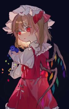 1girl black_background blue_flower bow closed_mouth commentary_request cowboy_shot crystal_wings expressionless flandre_scarlet flower hair_bow hat juliet_sleeves long_sleeves looking_at_viewer looking_back mob_cap multicolored_wings pansy puffy_sleeves red_bow red_eyes red_skirt red_vest shinjitsu_no_kuchi shirt simple_background skirt skirt_set slit_pupils solo touhou vest white_hat white_shirt wings