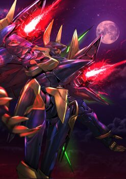 cloud code_geass energy feet_out_of_frame full_moon gawain_(code_geass) glowing glowing_eye highres knightmare_frame legs_together mecha mecha_focus mechaklear moon night no_humans open_hands outdoors outstretched_arms red_eyes robot science_fiction solo star_(sky)