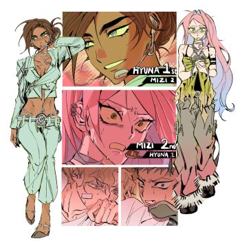 2boys 2girls alien_stage arcorclynn black_camisole blue_hair breasts brown_hair camisole character_name chest_tattoo cleavage commentary cosplay cropped_jacket dark-skinned_female dark_skin english_commentary gradient_hair gradient_pants green_shirt grey_eyes grey_jacket grey_pants headset highres hyuna_(alien_stage) jacket luka_(alien_stage) luka_(alien_stage)_(cosplay) microphone mizi_(alien_stage) multicolored_hair multiple_boys multiple_girls pants pink_hair shirt strapless strapless_shirt tattoo till_(alien_stage) two-tone_hair yellow_eyes