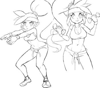 arms_outstretched breasts cleavage cleft_of_venus crop_top dumbbell exercising highres large_breasts navel nega-shantae pants ponytail shantae shantae_(series) sketch squatting sweatband sweatpants teevo weightlifting weights workout_clothes