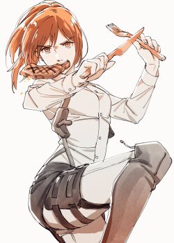 1girl boots breasts brown_eyes brown_hair commentary_request cowboy_shot fighting_stance food food_in_mouth fork furrowed_brow grey_boots highres holding holding_fork holding_knife holding_utensil hozumi_ayaka kitchen_knife knife long_hair looking_at_viewer medium_breasts pants ponytail sasha_blouse shingeki_no_kyojin shirt solo standing standing_on_one_leg steak three-dimensional_maneuver_gear white_background white_pants white_shirt