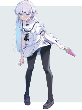1girl akayama_yukihe arm_at_side ascot black_ascot black_pantyhose black_shoes blue_eyes blush clenched_hand closed_mouth clothes_lift commentary eyes_visible_through_hair food frown full_body grey_background hair_behind_ear hair_between_eyes hair_ornament hairclip highres holding holding_food holding_popsicle jitome letterboxed loafers long_hair looking_at_viewer miniskirt naruse_shiroha panties panties_over_pantyhose pantyhose pantyshot parallel_hairclips popsicle puffy_short_sleeves puffy_sleeves sailor_collar school_uniform serafuku shadow shirt shoes short_sleeves simple_background skirt skirt_lift solo standing straight_hair summer_pockets summer_pockets_school_uniform underwear very_long_hair watermelon_bar white_hair white_panties white_sailor_collar white_serafuku white_shirt white_skirt wind wind_lift