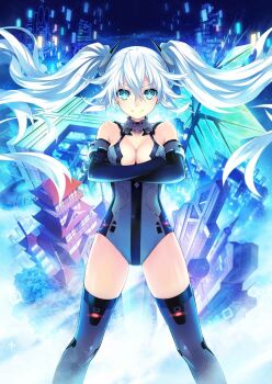 >:) 10s 1girl aqua_eyes bare_shoulders black_gloves black_heart_(neptunia) bodysuit breasts building chou_megami_shinkou_noire_gekishin_black_heart circle cityscape cleavage cleavage_cutout clothing_cutout crossed_arms elbow_gloves female_focus floating_hair gloves glowing grey_thighhighs gunbuster_pose hair_between_eyes halterneck highres kami_jigen_game_neptune_v leotard light_particles light_smile long_hair looking_at_viewer magical_girl medium_breasts neptune_(series) noire_(neptunia) official_art power_symbol power_symbol-shaped_pupils skyscraper smile solo square standing symbol-shaped_pupils thighhighs triangle tsunako turtleneck twintails v-shaped_eyebrows very_long_hair white_hair