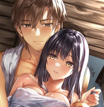1boy 1girl bare_shoulders black_hair blush breasts brown_eyes brown_hair collarbone commentary_request cropped eye_contact hair_between_eyes hetero highres indoors large_breasts long_hair looking_at_another looking_back naked_towel open_mouth original parted_lips short_hair suihei_sen towel yellow_eyes