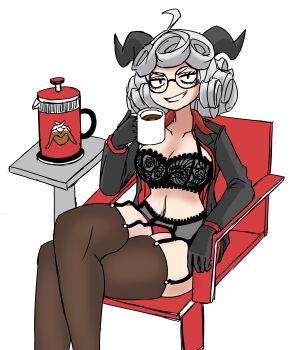 absurdres blouse bra chair coffee coffee_pot crossed_legs cup curly_hair deculture demon_horns disposable_coffee_cup disposable_cup garter_belt garter_straps glasses gloves grey_hair helltaker highres horns non-web_source open_clothes open_shirt pandemonica_(helltaker) pantyhose sexually_suggestive shirt smug thighhighs underwear
