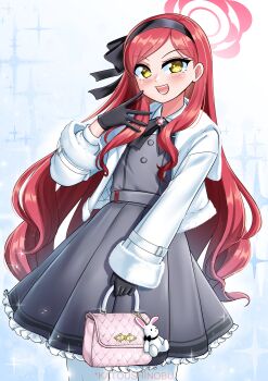 1girl absurdres black_bow black_bowtie black_gloves black_hairband blue_archive blush bow bowtie commentary dress fur-trimmed_jacket fur_trim gloves grey_dress hairband halo highres jacket katou_shinobu long_hair long_sleeves looking_at_viewer ojou-sama_pose open_mouth pantyhose pinafore_dress pink_bag red_hair red_halo sleeveless sleeveless_dress solo takane_(blue_archive) white_jacket white_pantyhose yellow_eyes
