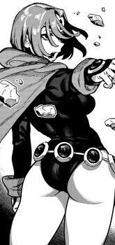 1girl ass breasts cloak dc_comics eyelashes floating_rock forehead_jewel greyscale highres hood hooded_cloak ireading leotard looking_to_the_side monochrome open_mouth outstretched_arm raven_(dc) short_hair sleeved_leotard solo standing teen_titans thighs