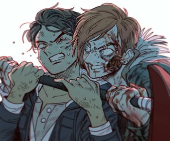 2girls angry asphyxiation axe blood blood_from_mouth blood_on_face blood_splatter blood_stain blood_on_clothes blood_on_hands bloody_weapon blue_eyes blue_jacket brown_eyes brown_hair choking clementine_(the_walking_dead) female_focus fight fighting frown green_jacket hurt jacket minerva_(the_walking_dead) multiple_girls one_eye_closed pulling shirt sweat sweatdrop telltale_games the_walking_dead the_walking_dead_(game) weapon white_shirt