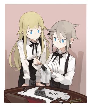 Rule 34 | 2girls, ange (princess principal), black ribbon, blonde hair, blue eyes, cleaning rag, closed mouth, commentary request, glasses, glider (guraida), grey hair, gun, hair flaps, hair ribbon, handgun, long hair, multiple girls, princess (princess principal), princess principal, ribbon, shirt, simple background, suspenders, sweat, table, unworn eyewear, weapon