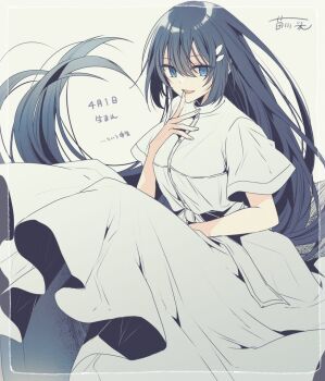 1girl black_hair blue_eyes blue_hair breasts dated dress finger_to_mouth hair_between_eyes hair_ornament long_hair looking_at_viewer momoiro official_art open_mouth oumi_shiori short_sleeves signature smile solo very_long_hair watashi_wo_tabetai_hitodenashi white_dress