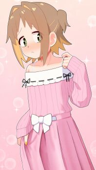 1girl :&lt; alternate_costume blush bow brown_hair collarbone colored_inner_hair commentary diamond-shaped_pupils diamond_(shape) dress green_eyes hair_intakes happyundergate highres long_sleeves multicolored_hair nail_polish off-shoulder_dress off_shoulder oka_asahi onii-chan_wa_oshimai! orange_hair orange_nails pink_background pink_dress pleated_dress short_hair simple_background skirt_hold sleeves_past_wrists solo spaghetti_strap sparkle symbol-shaped_pupils two-tone_hair two_side_up white_bow