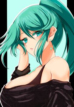Rule 34 | 1girl, ayasato karen, bare shoulders, black border, black bra, black shirt, border, bra, breasts, cleavage, commentary request, earrings, from side, green background, green eyes, green hair, high ponytail, highres, jewelry, large breasts, looking at viewer, off-shoulder shirt, off shoulder, pneuma (xenoblade), ponytail, shirt, simple background, solo, underwear, upper body, xenoblade chronicles (series), xenoblade chronicles 2