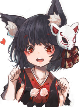 1girl :d animal_ear_fluff animal_ears azur_lane black_hair black_kimono breasts cat_ears cat_mask commentary_request cropped_torso eyeshadow fang heart highres japanese_clothes kimono large_breasts makeup mask mask_on_head mismatched_eyebrows nyucha open_mouth paw_pose pom_pom_(clothes) raised_eyebrows red_eyes red_eyeshadow short_hair sideboob sideless_kimono simple_background smile solo thick_eyebrows upper_body white_background yamashiro_(azur_lane) yamashiro_(retrofit)_(azur_lane)