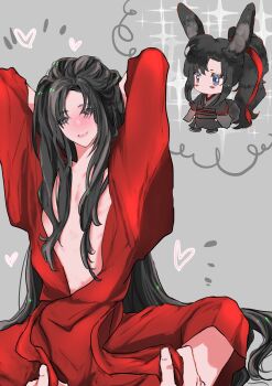 2boys absurdres adjusting_hair alternate_costume alternate_hairstyle androgynous animal_ears arms_behind_head arms_up barefoot bishounen black_hair black_hanfu blue_eyes blush chibi chibi_inset chinese_clothes grey_background hair_down hair_ribbon hanfu heart highres implied_yaoi kemonomimi_mode long_hair long_sleeves looking_at_viewer male_focus modao_zushi multiple_boys naruse_(kmk648) open_clothes open_robe out_of_frame parted_lips pectoral_cleavage pectorals ponytail pov pov_hands rabbit_boy rabbit_ears rabbit_tail red_hanfu red_ribbon red_sash ribbon robe sash sidelocks sitting smile solo_focus sparkle tail trap undressing_another very_long_hair wei_wuxian wide_sleeves