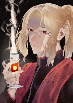 Rule 34 | 1boy, blonde hair, commentary request, cup, glasses, hair between eyes, highres, holding, holding cup, long hair, looking at viewer, male focus, michael roa valdamjong, michael roa valdamjong (human), ponytail, priest, profile, red eyes, robe, stole, tsukihime, tutu77y