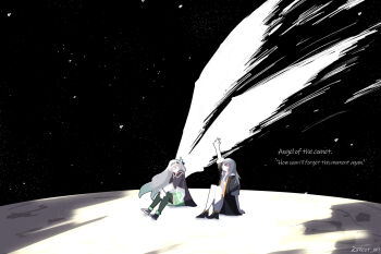 2girls aqua_dress aqua_thighhighs black_jacket black_skirt dress electronduck english_text firefly_(honkai:_star_rail) gradient_hair grey_hair hair_between_eyes hair_intakes honkai:_star_rail honkai_(series) jacket long_hair moon multicolored_hair multiple_girls open_clothes open_jacket open_mouth shirt skirt space stelle_(honkai:_star_rail) thighhighs trailblazer_(honkai:_star_rail) twitter_username white_shirt white_wings wings