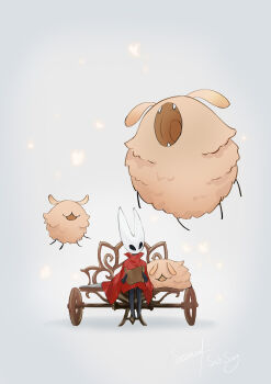 1girl absurdres arthropod_girl black_skin bug butterfly cloak colored_skin fangs flea_(hollow_knight) full_body grey_background highres holding holding_map hollow_eyes hollow_knight hollow_knight:_silksong horned_mask hornet_(hollow_knight) huge_flea_(hollow_knight) insect looking_at_another map mask needle_(hollow_knight) no_humans no_mouth on_bench open_mouth red_cloak simple_background sitting user_hhkr4535 white_mask