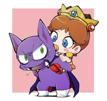 1boy 1girl baby baby_daisy blue_cape blue_eyes cape carrying chiyo_(shuten_dj) colored_skin crown fangs green_eyes highres mario_(series) nintendo pacifier piggyback pink_background pointy_ears princess_daisy purple_skin red_shoes shoes simple_background super_mario_land tatanga white_shoes