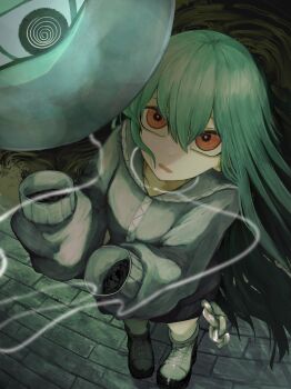 Rule 34 | 1girl, aqua hair, balloon, bright pupils, commentary request, from above, hair between eyes, highres, long hair, long sleeves, looking up, open mouth, original, red eyes, ringed eyes, sabashime botan, sleeves past fingers, sleeves past wrists, solo, standing, string around neck, white pupils