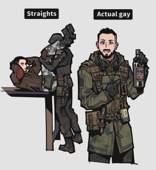 3boys alcohol assisted_stretching asymmetrical_hair beard black_coat black_gloves black_hair black_pants brown_jacket buzz_cut camouflage chinese_commentary coat commentary_request english_text exercising facial_hair fukurau full_body gloves green_coat grey_background grin headphones headphones_around_neck jacket looking_at_viewer male_focus military_uniform multiple_boys mustache pants richter_(stalker) short_hair sidecut simple_background sit-up skif_(stalker_2) smile snow_camouflage stalker_(game) stalker_2:_heart_of_chornobyl standing strider_(stalker) undercut very_short_hair vodka white_pants