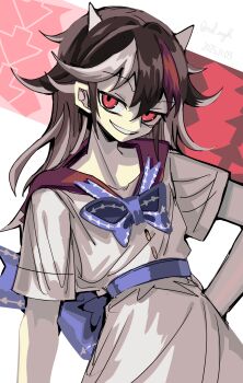 1girl absurdres blue_bow blue_bowtie bow bowtie brown_hair collarbone commentary_request dated dress grin hand_on_own_hip highres horns ichirugi kijin_seija looking_at_viewer medium_hair multicolored_hair red_eyes short_sleeves smile solo teeth touhou twitter_username white_dress