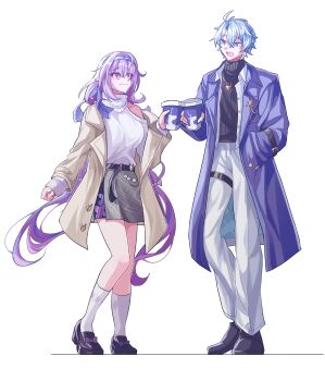 1boy 1girl absurdres antenna_hair belt black_belt black_shoes black_sweater blue_coat blue_hairband breasts bright_pupils brown_coat castorice_(honkai:_star_rail) castorice_(luckin_coffee)_(honkai:_star_rail) closed_mouth clothing_cutout coat commentary_request cup disposable_coffee_cup disposable_cup full_body grey_skirt hairband hand_in_pocket highres holding holding_cup honkai:_star_rail honkai_(series) jewelry long_hair long_sleeves looking_at_another low_twintails medium_breasts necklace official_alternate_costume open_clothes open_coat open_mouth open_shirt pants phainon_(honkai:_star_rail) phainon_(luckin_coffee)_(honkai:_star_rail) purple_eyes purple_hair s9897907160915 shirt shoes short_hair shoulder_cutout simple_background single_off_shoulder skirt smile socks sweater turtleneck turtleneck_sweater twintails very_long_hair white_background white_hair white_pants white_pupils white_shirt white_socks white_sweater yellow_pupils