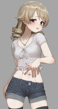 1girl absurdres black_thighhighs blush breasts brown_eyes brown_hair commentary_request crop_top denim denim_shorts embarrassed highres idolmaster idolmaster_cinderella_girls jewelry medium_hair midriff morikubo_nono navel navel_piercing necklace okubatomaeba open_mouth piercing ringlets short_shorts shorts small_breasts solo spread_navel sweatdrop thighhighs