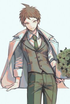 Rule 34 | 1boy, ahoge, bouquet, brown hair, buttons, chinese commentary, collared shirt, commentary request, cowboy shot, cyacyacyacyaki, danganronpa (series), danganronpa 2: goodbye despair, film grain, flower, green flower, green necktie, green pants, green rose, grey vest, grin, highres, hinata hajime, holding, holding bouquet, jacket, jacket on shoulders, lapels, looking at viewer, male focus, necktie, notched lapels, pants, rose, shirt, short bangs, short hair, simple background, sleeves rolled up, smile, solo, tsurime, vest, waistcoat, white background, white jacket, white shirt, yellow eyes