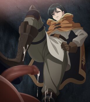 1boy 1girl absurdres bdsm bootjob brown_gloves brown_hood bukkake censored clothed_female_nude_male commentary_request cum femdom footjob gloves green_eyes green_hair highres lily_(nier:automata) mosaic_censoring nier:automata nier_(series) nude penis sadism scowl short_hair sirano