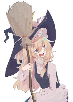 Rule 34 | 1girl, apron, black hat, black skirt, black vest, blonde hair, blue eyes, bow, braid, braided sidelock, broom, commentary, frilled apron, frills, hat, hat bow, highres, holding, holding broom, kirisame marisa, long hair, looking to the side, nanashi 1104, open mouth, simple background, sitting, skirt, solo, touhou, vest, white apron, white background, white bow, witch hat