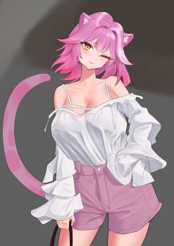 1girl absurdres animal_ears bare_shoulders blouse blush breasts cleavage collarbone commentary english_commentary hair_intakes head_tilt highres holding hololive hololive_english large_breasts long_sleeves looking_at_viewer medium_hair mekillus multicolored_hair one_eye_closed panther_ears panther_girl panther_tail pink_hair pink_lips pink_shorts pink_tail raora_panthera shirt shorts smile solo streaked_hair tail thighs virtual_youtuber white_shirt yellow_eyes