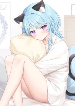 1girl animal_ears ass bed_sheet blue_hair blush cat_ears cat_girl cat_tail closed_mouth collared_shirt commentary_request crossed_legs feet_out_of_frame highres hugging_object indoors kinakon knees_up long_hair long_sleeves original pillow pillow_hug purple_eyes shirt sitting solo tail white_shirt