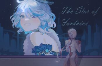 1girl ahoge alternate_costume arlecchino_(genshin_impact) arm_cuffs artist_name bare_back bare_shoulders black_gloves black_hair black_pants blue_dress blue_eyes blue_gemstone blue_hair blue_pupils commentary dress english_commentary english_text from_behind from_side fur_trim furina_(genshin_impact) gem genshin_impact gloves grey_hair grey_jacket hair_between_eyes hair_ornament hand_up heterochromia highres jacket jewelry kiwiteamlp long_hair long_sleeves looking_at_viewer low_ponytail meme mismatched_pupils multicolored_hair no_headwear pants pearl_(gemstone) ponytail poster_(object) purple_eyes red_hair ring shadow short_hair sidelocks sleeveless sleeveless_dress smile solo standing strapless strapless_dress streaked_hair teeth two-tone_hair veil_scene_14_redraw_(meme) white_hair yuri