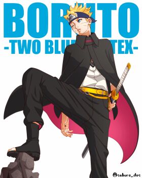 1boy absurdres arm_at_side belt black_jacket blonde_hair blue_eyes boots boruto:_two_blue_vortex copyright_name facial_mark forehead_protector hand_on_sword head_tilt highres jacket katana konohagakure_symbol long_sleeves looking_to_the_side missing_eye naruto_(series) open-toe_boots saburo_des scar scar_across_eye scar_on_face spread_legs sword twitter_username undershirt uzumaki_boruto weapon whisker_markings white_background