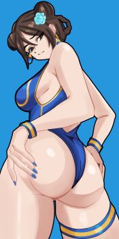 alternate_costume ass ass_focus ass_support blue_background blue_nails blue_one-piece_swimsuit bracelet braid braided_hair_rings breasts brown_eyes capcom chun-li commentary cowboy_shot donut_hair_bun double_bun earrings english_commentary flower from_behind from_below gold_trim grabbing_own_ass hair_between_eyes hair_bun hair_flower hair_ornament hair_rings highleg highleg_one-piece_swimsuit highres jewelry large_breasts looking_back nail_polish official_alternate_costume official_alternate_hairstyle one-piece_swimsuit oro_(aaaoro) parted_bangs sideboob simple_background standing street_fighter street_fighter_6 swimsuit thick_thighs thighlet thighs underbutt