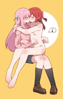 ... 2girls arms_around_neck black_skirt black_socks blush bocchi_the_rock! breasts brown_shoes closed_eyes closed_mouth clothed_female_nude_female commentary completely_nude cube_hair_ornament english_commentary gotoh_hitori hair_ornament highres jacket kiss kissing_cheek kita_ikuyo kneehighs loafers long_hair multiple_girls n0_image nipples nude one_side_up pink_hair pink_jacket pleated_skirt red_hair shoes sitting sitting_on_lap sitting_on_person skirt small_breasts socks spoken_ellipsis sweat toes track_jacket white_background yellow_background yuri