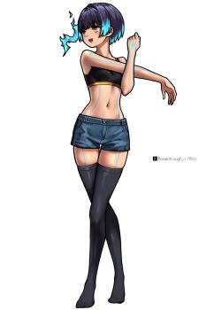 Rule 34 | 1girl, artist name, bare arms, bare shoulders, black sports bra, black thighhighs, blue hair, blue shorts, body markings, breasts, brown eyes, commentary request, completion time, denim, denim shorts, full body, gradient hair, highres, midriff, multicolored hair, navel, no shoes, no vest, open mouth, riro (breakthrough rr), sena (xenoblade), shorts, side ponytail, simple background, small breasts, smile, solo, sports bra, standing, teeth, thighhighs, twitter x logo, upper teeth only, white background, xenoblade chronicles (series), xenoblade chronicles 3, yellow trim
