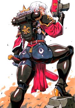 1girl absurdres adepta_sororitas armor ass black_giraffe bolter chainsword commentary english_commentary gun high_heels highres holding holding_bolter holding_sword holding_weapon leg_armor looking_at_viewer scar scar_across_eye scar_on_face shoulder_armor solo sword warhammer_40k weapon white_background white_hair yellow_eyes