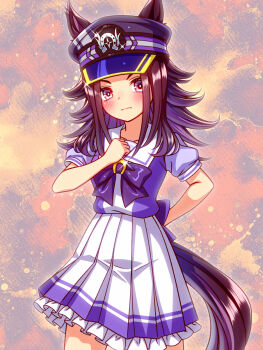Rule 34 | 1girl, animal ears, black hair, blush, bow, bowtie, breasts, closed mouth, collarbone, commentary request, ears through headwear, fenomeno (umamusume), flipped hair, hat, highres, horse ears, horse girl, horse tail, horseshoe hat ornament, horseshoe ornament, long hair, looking at viewer, multicolored hair, peaked cap, pleated skirt, puffy short sleeves, puffy sleeves, purple bow, purple bowtie, purple eyes, purple hair, purple shirt, sailor collar, sailor shirt, school uniform, shirt, short sleeves, skirt, striped hat, sugimotty nova, tail, tracen school uniform, umamusume, white sailor collar, white skirt