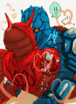 ! !! 2boys accidental_kiss armor blue_armor hand_on_another's_back heart japanese_text kamen_rider kamen_rider_den-o_(series) kiss male_focus momotaros monster monster_boy multiple_boys on_ground oni orange_eyes red_armor sketch speech_bubble turtle urataros yaoi