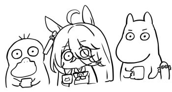 1girl ahoge animal_ears bow character_request chibi crossover cup eyes_visible_through_hair gen_1_pokemon greyscale hair_over_one_eye holding holding_cup horse_ears kawamochi_(kawauti919) long_sleeves looking_at_viewer manhattan_cafe_(umamusume) monochrome moomin moomintroll mug multiple_crossover nintendo pokemon pokemon_(creature) psyduck school_uniform shirt simple_background tracen_school_uniform umamusume white_background
