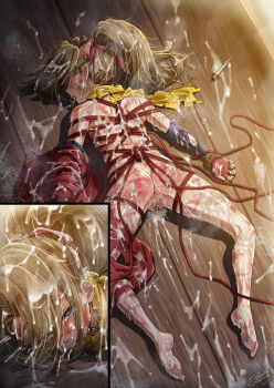 1girl aftersex ajula_wachula ass barefoot brown_eyes commission cum cum_on_body cum_on_hair cumdrip drugged fucked_silly fujibayashi_suzu highres lying on_stomach ponytail pussy rolling_eyes rope rope_marks scarf shibari skeb_commission solo syringe tales_of_(series) tales_of_phantasia tongue tongue_out torn_clothes yellow_scarf